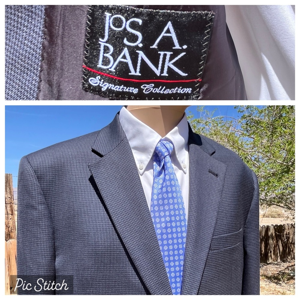 Jos. A. Bank Blazer Men 44L Navy Blue Signature Collection 100% Wool Houndstooth